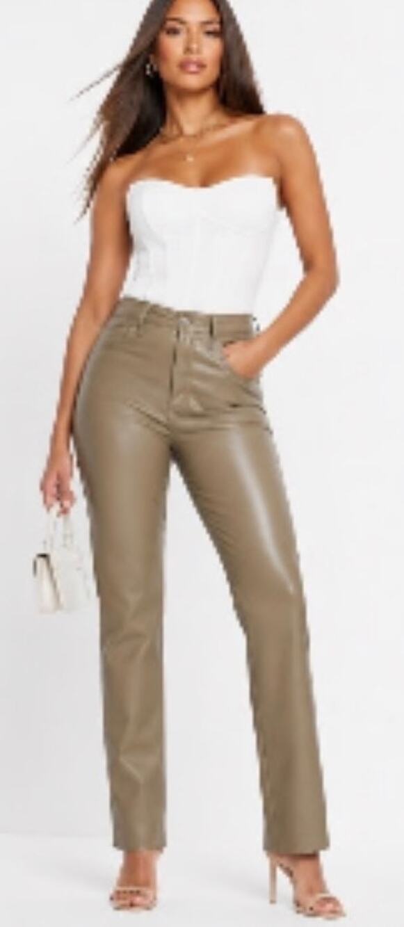 Express Modern Straight Super High Rise Faux Leather Pants Taupe Size 2 MSRP $98